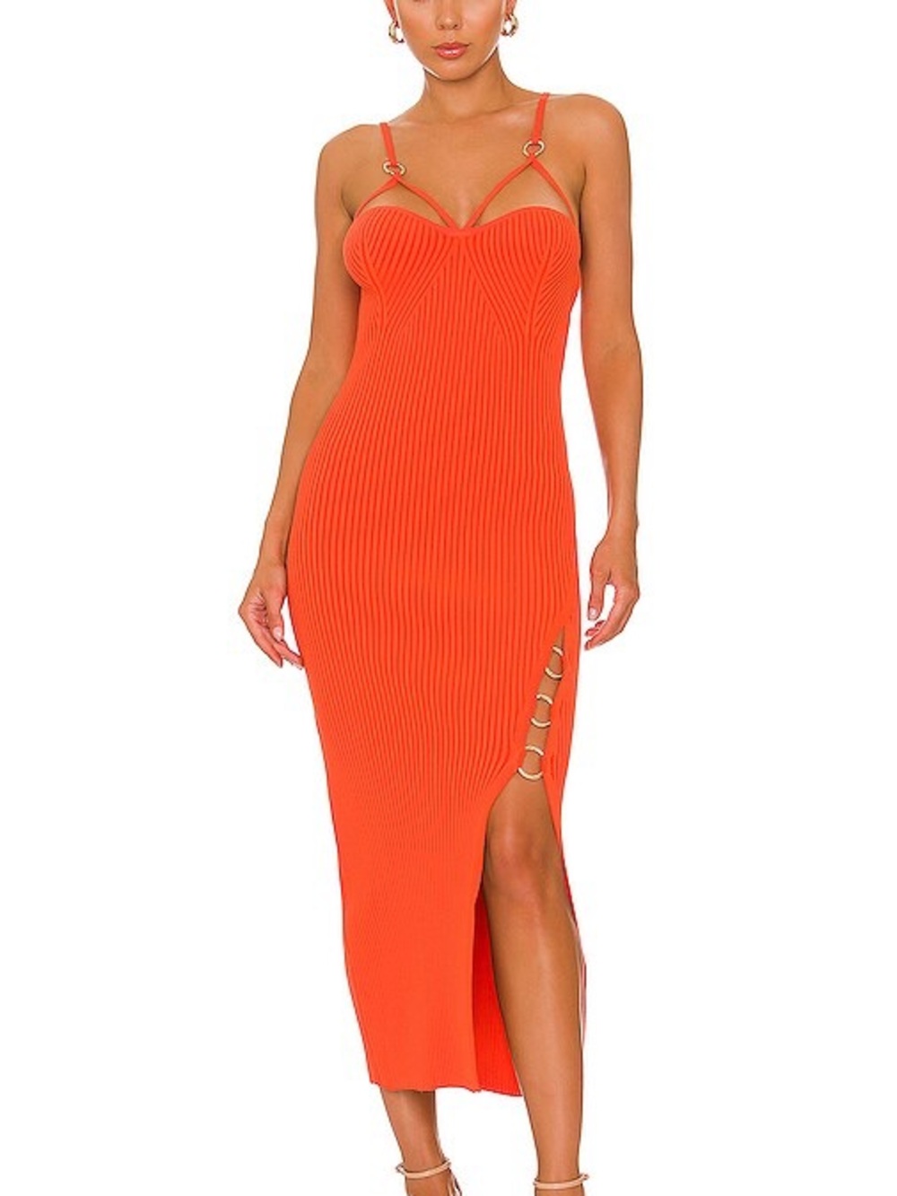 NICHOLAS Jules Orange Ribbed Midi Dress with Ring-Strap Detail